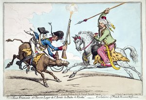 Tirailleur Francais et Chevau Leger de l&39;Armée du Pacha de Rodes, ou As Evoluções dos Fuzileiros Montados Franceses, publicado por Hannah Humphrey em 1799 (gravura à mão colorida)